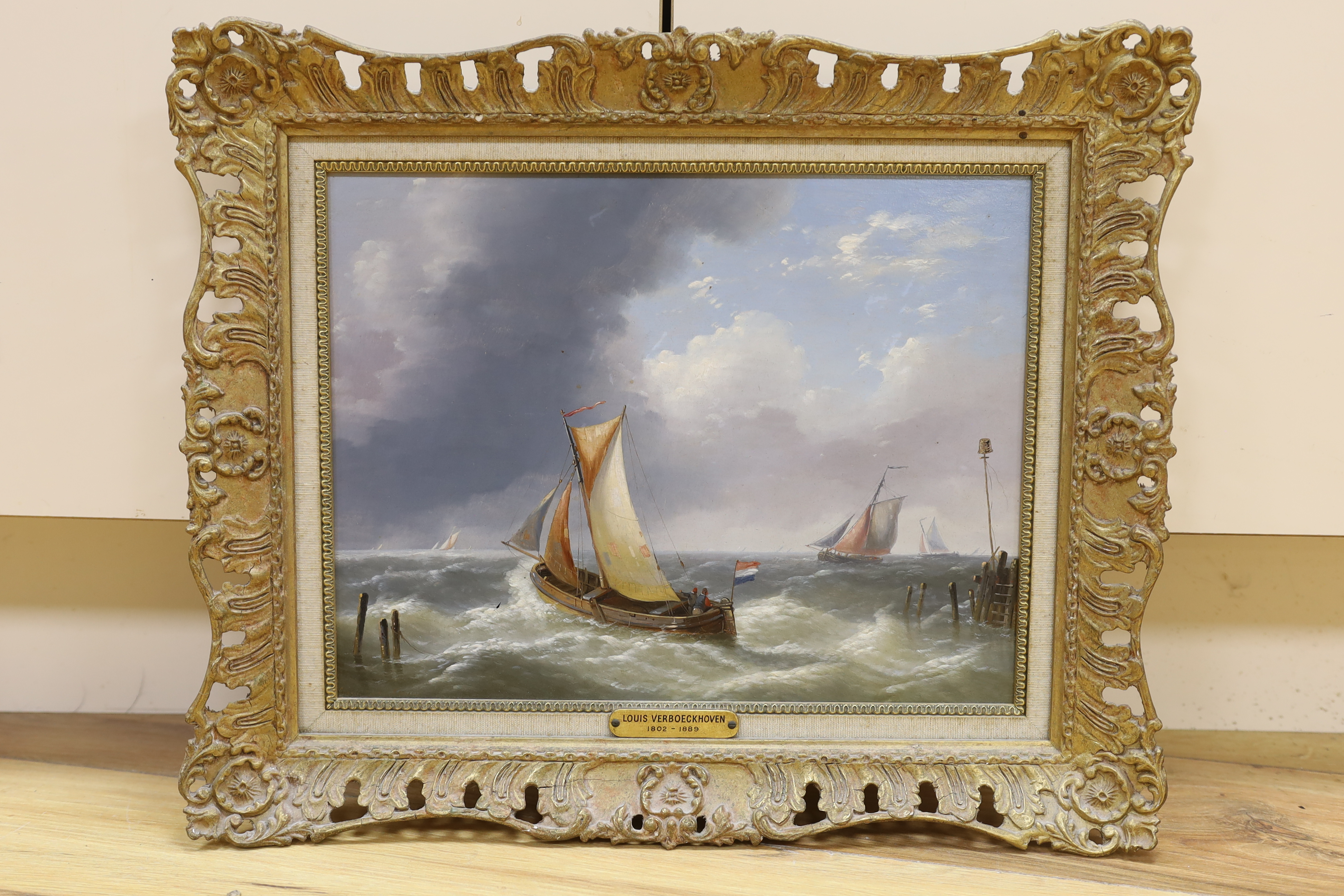 Charles-Louis Verboeckhoven (Belgian, 1802-1889), oil on board, Fishing boat off a Dutch estuary, signed, label verso, 26 x 34cm, ornate gilt frame